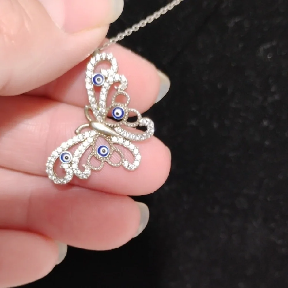 SALE! Elegant 925 Silver Butterfly & Evil Eye Czs Pendant Necklace 18